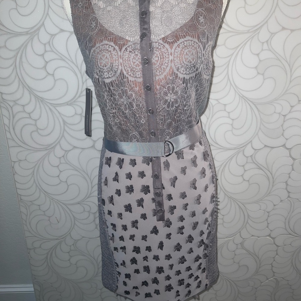 Byron Lars Gray Lace Overlay Dress with Belt